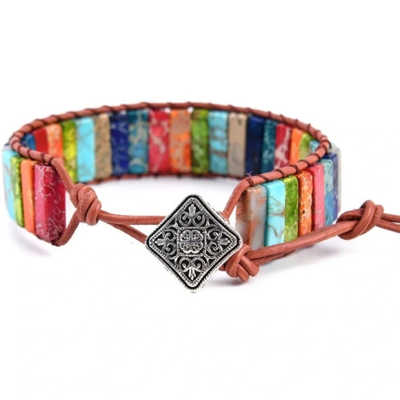 Handmade Bohemian Multi Colored stone leather bracelet. - Picture 9 of 9